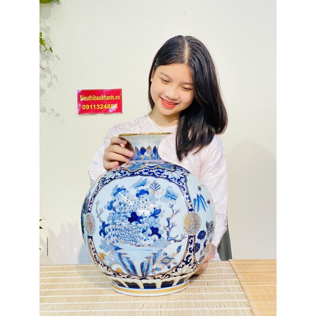 Bình hút lộc Bát Tràng họa tiết tứ cảnh cao 35cm
