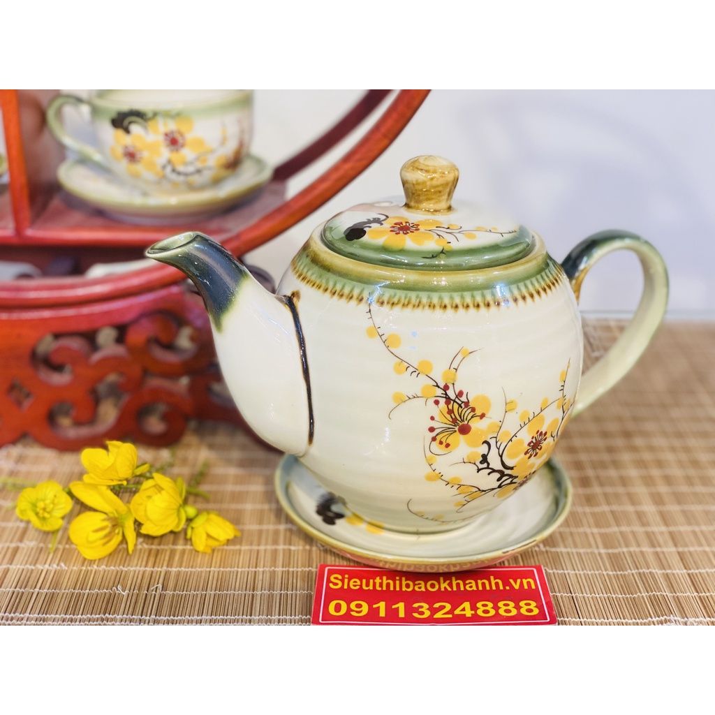 Bộ Ấm Chén,Ấm Trà Đẹp Bát Tràng Họa Tiết Lan Mai Cao Cấp 350ml