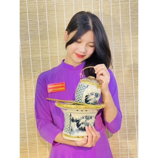 Bộ điếu bát giả cổ bọc đồng dáng ống loe cao cấp Bát Tràng BKCE-001900VN-1417