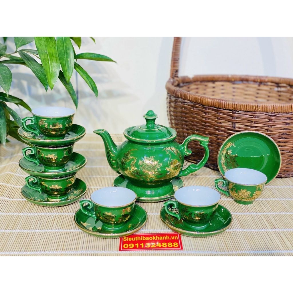 Bộ ấm chén,ấm trà Bát Tràng men xanh viền vàng cao cấp 350ml