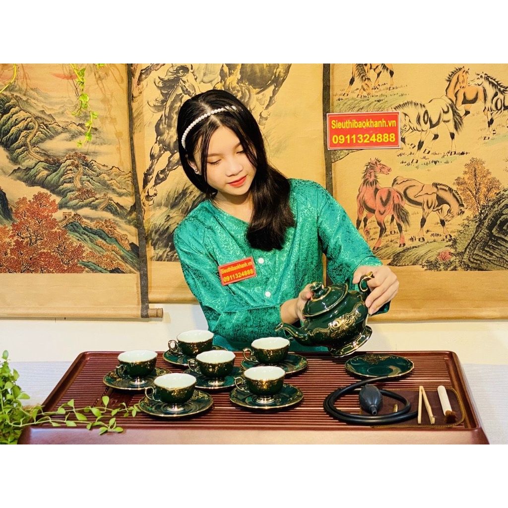 Bộ ấm chén phú quý công hoa men ngọc, vẽ vàng