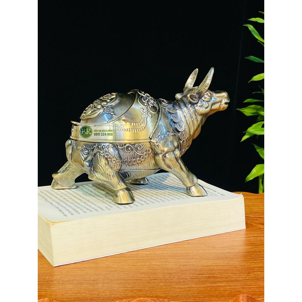 Gạt tàn đồng họa tiết cổ trạm trổ trâu loại 15cm