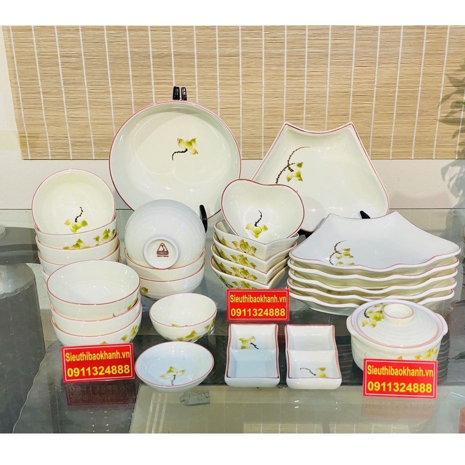 Bộ bát đĩa ăn men kem vẽ sen Bát Tràng