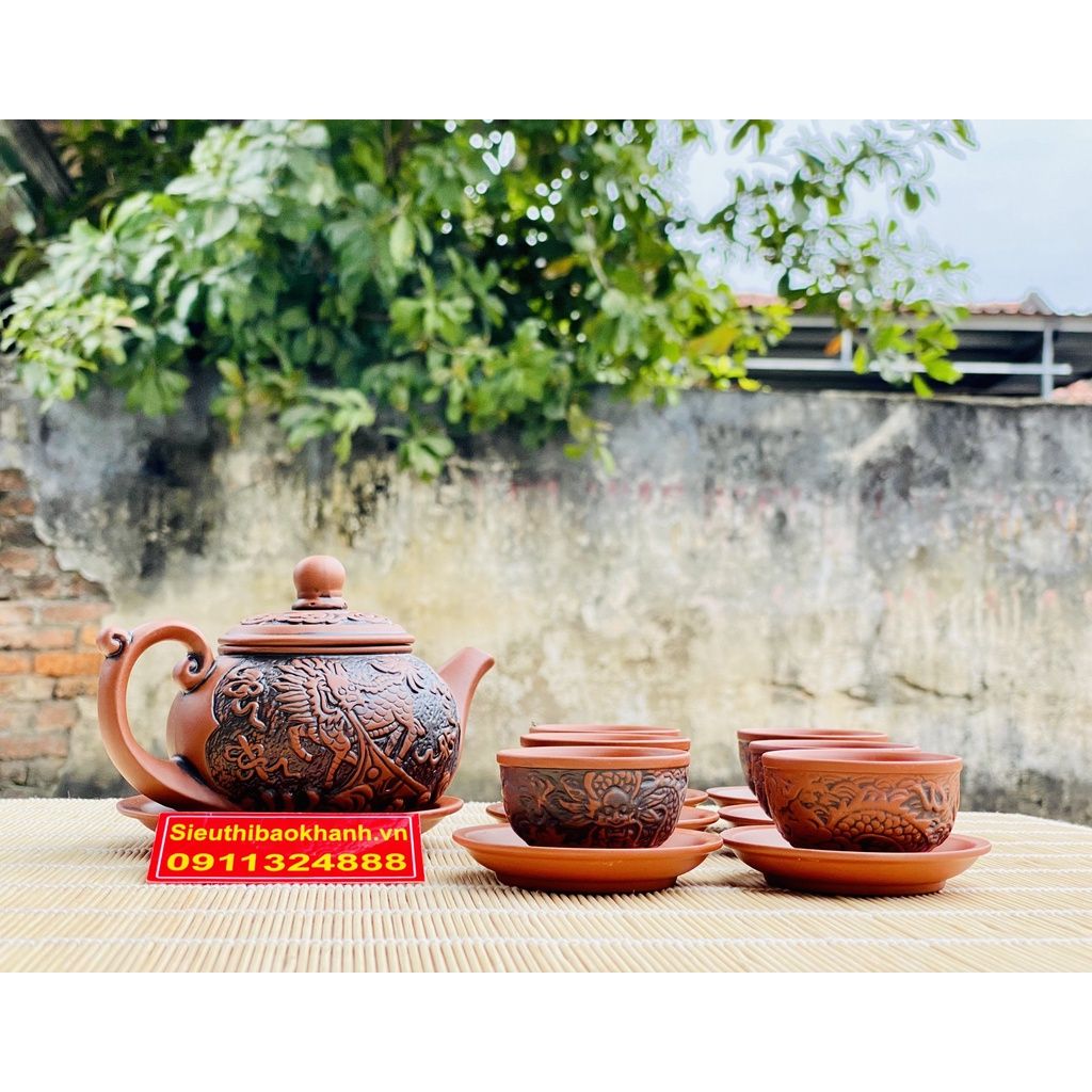 Ấm trà⚡️BÁT TRÀNG⚡️Bộ ấm chén tử sa đắp nổi 350ml-Bát Tràng Bảo Khánh
