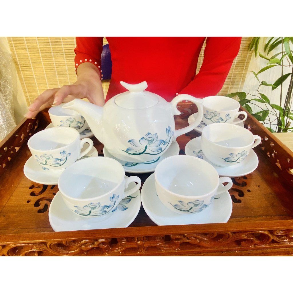 Bộ ấm chén men ngọc họa tiết hoa sen