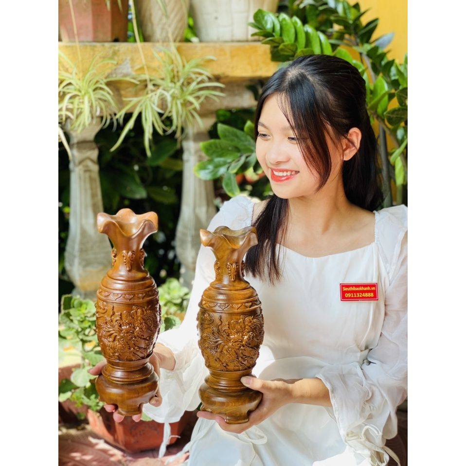 Cặp lục bình gỗ bách xanh vân tự nhiên cao 30cm