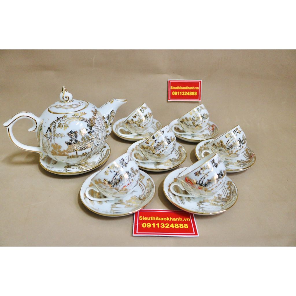 Bộ ấm trà Bát Tràng cảnh đồng quê cao cấp vẽ vàng BKCE-006500VN-0015