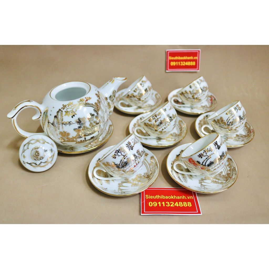 Bộ ấm trà Bát Tràng cảnh đồng quê cao cấp vẽ vàng BKCE-006500VN-0015