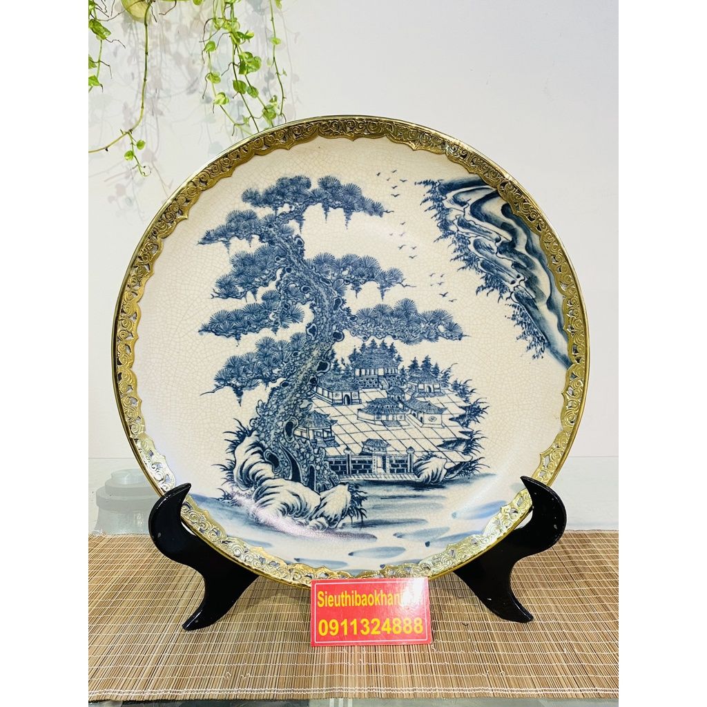 Đĩa Cảnh Men Rạn Bát Tràng Bọc Đồng - Đĩa Trang Trí 35cm