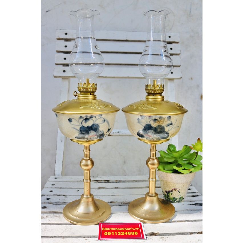 cặp đèn đầu đồng thân gốm xuất xứ Bát Tràng 25cm