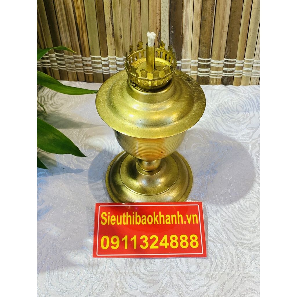  Đèn dầu thờ,phong thủy trạm trổ sen chất liệu Đồng Vàng 17cm 