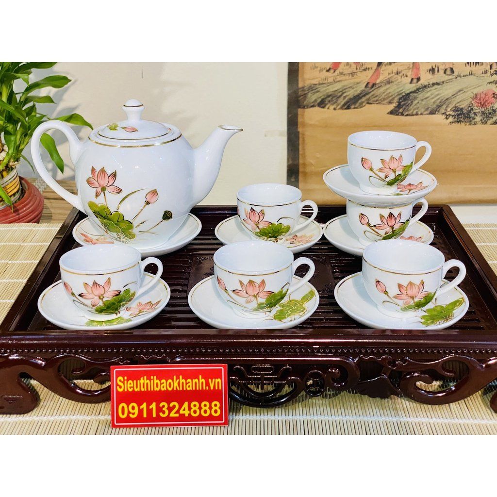 Bộ ấm chén men trắng vẽ sen xuất xưa Bát Tràng