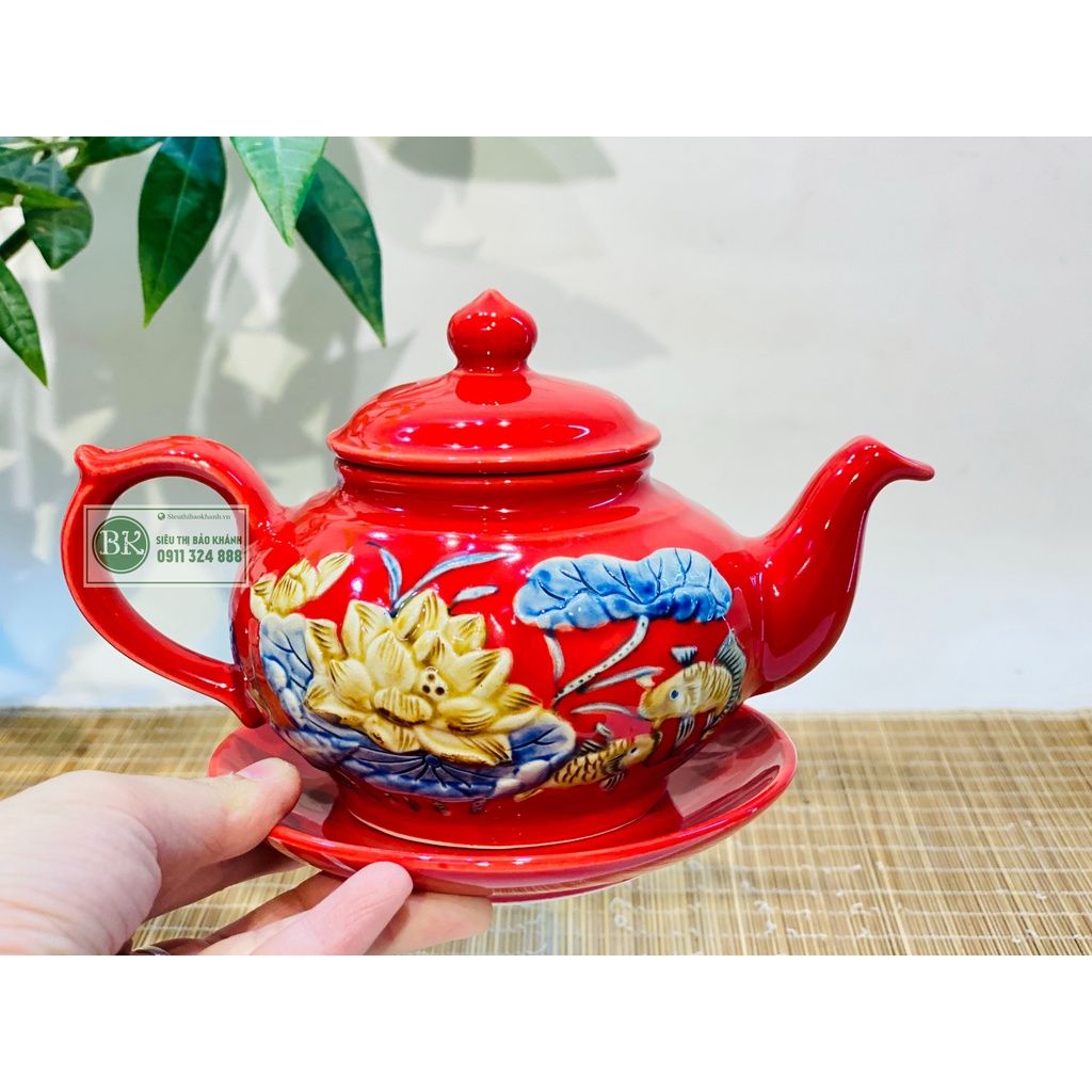 Bộ Ấm Chén Bát Tràng men đỏ cao cấp 350ml