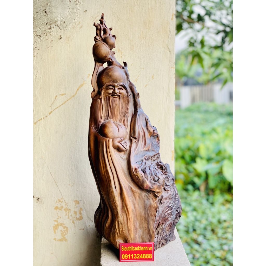 Tượng Cụ Thọ Vác Đào Gỗ Bách Xanh Sánh Chìm 60cm-Mỹ Nghệ Bảo Khánh