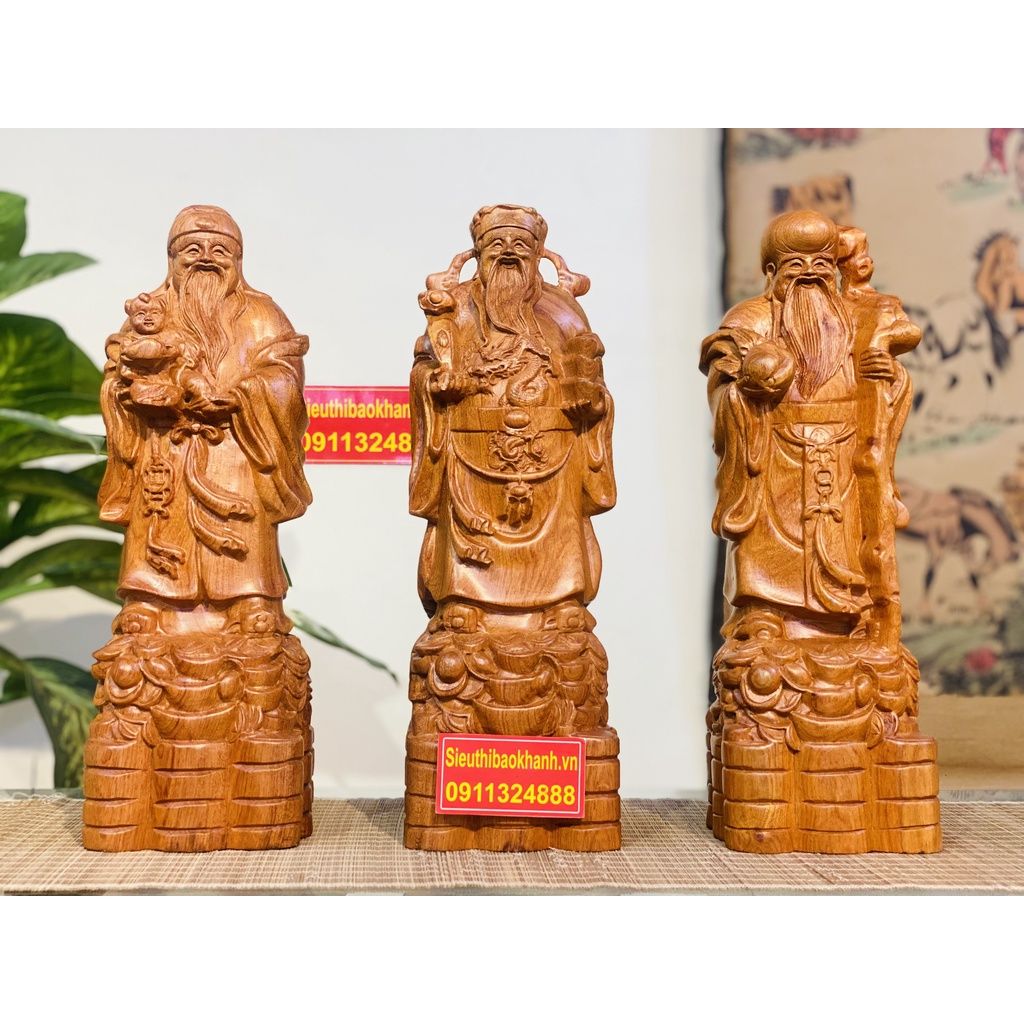 Mỹ Nghệ Tại Xưởng-Bộ Tam Đa Phúc Lộc Thọ Gỗ hương nguyên khối-40cm-Siêu thị Bảo Khánh