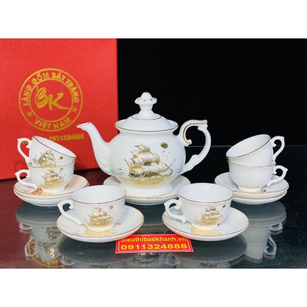 Bộ ấm chén,ấm trà Bát Tràng họa tiết Thuận Buồm Xuôi Gió 350ml