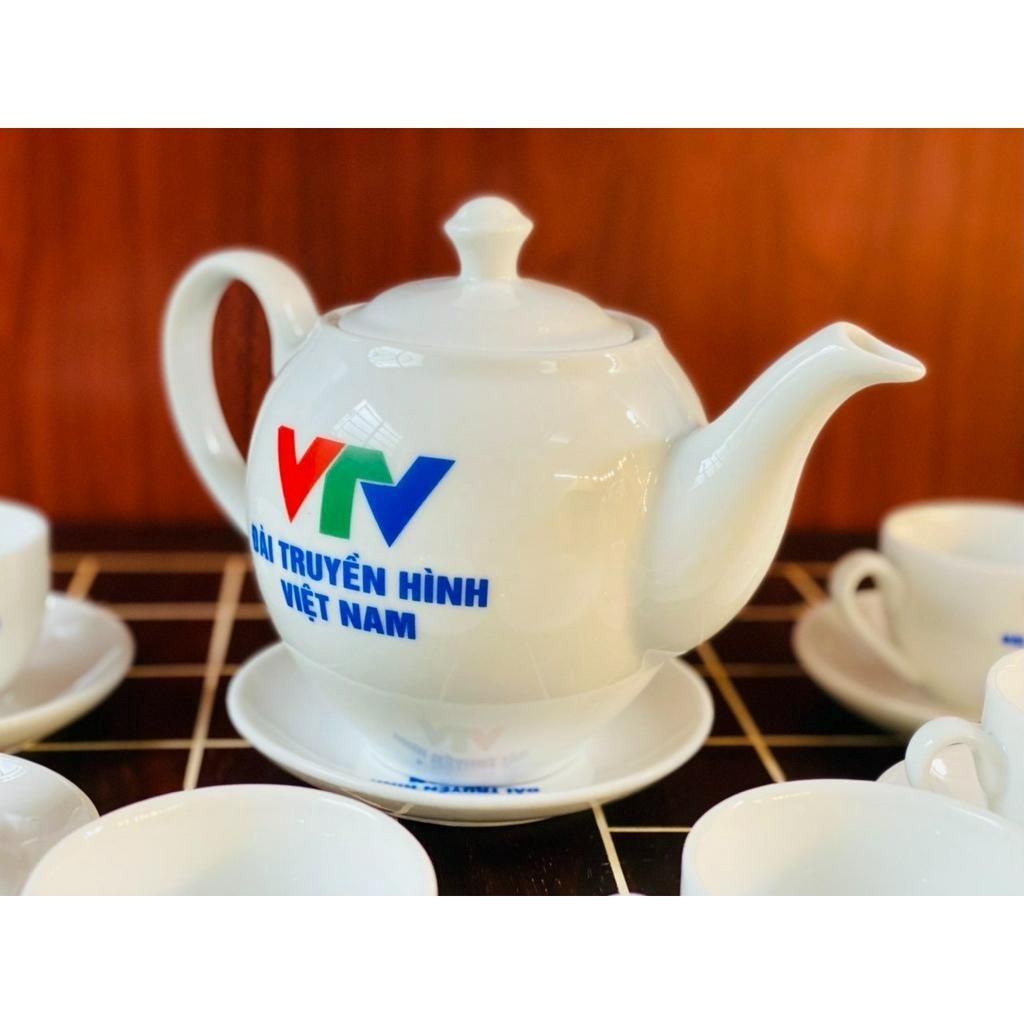 Bộ ấm chén men trắng Bát Tràng cao cấp in logo 350ml