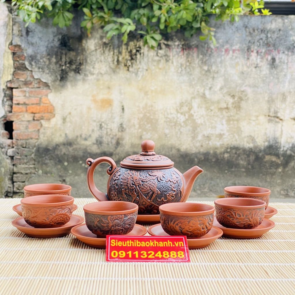 Ấm trà⚡️BÁT TRÀNG⚡️Bộ ấm chén tử sa đắp nổi 350ml-Bát Tràng Bảo Khánh