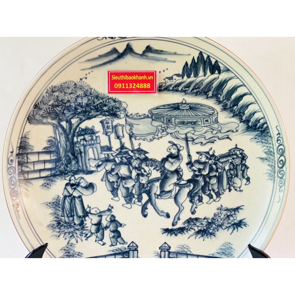 Đĩa Cảnh Men Rạn Bát Tràng Họa Tiết Vinh Quy Bái Tổ 35cm