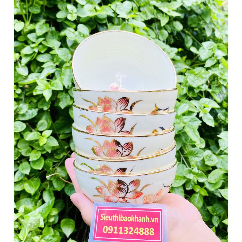 Nghệ thuật gốm sứ bộ bát ăn men kem sen hồng -Bảo Khánh