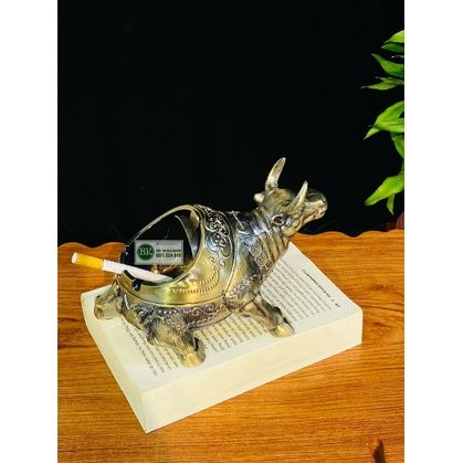 Gạt tàn đồng họa tiết cổ trạm trổ trâu loại 15cm - Bảo Khánh