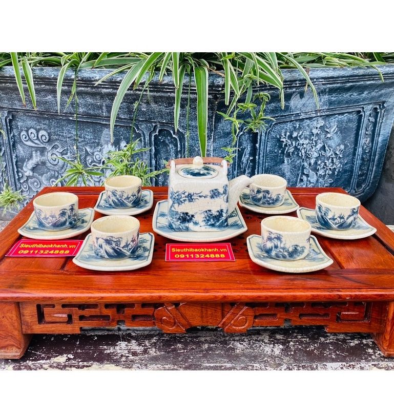 Bộ ấm chén men rạn cổ Bát Tràng, dáng vuông BKCE-000810VN-0003