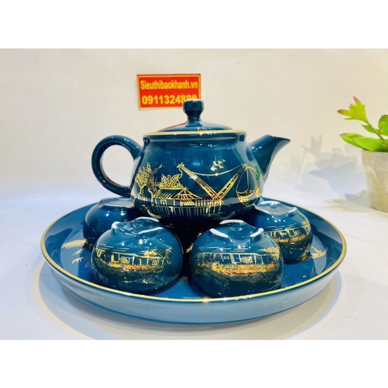 Bộ ấm chén Bát Tràng men xanh vẽ vàng phong cảnh