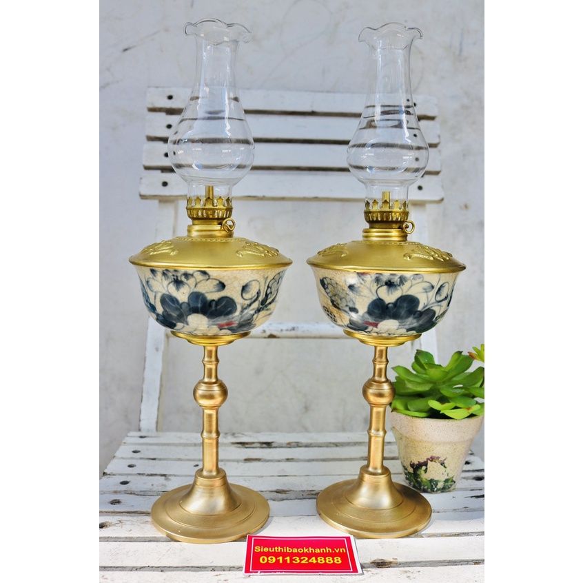 cặp đèn đầu đồng thân gốm xuất xứ Bát Tràng 25cm