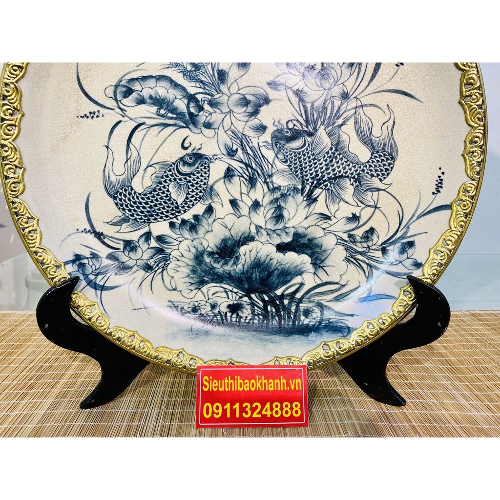 Đĩa Cảnh Men Rạn Bát Tràng Bọc Đồng Họa Tiết Song Ngư - Đĩa Trang Trí 35cm