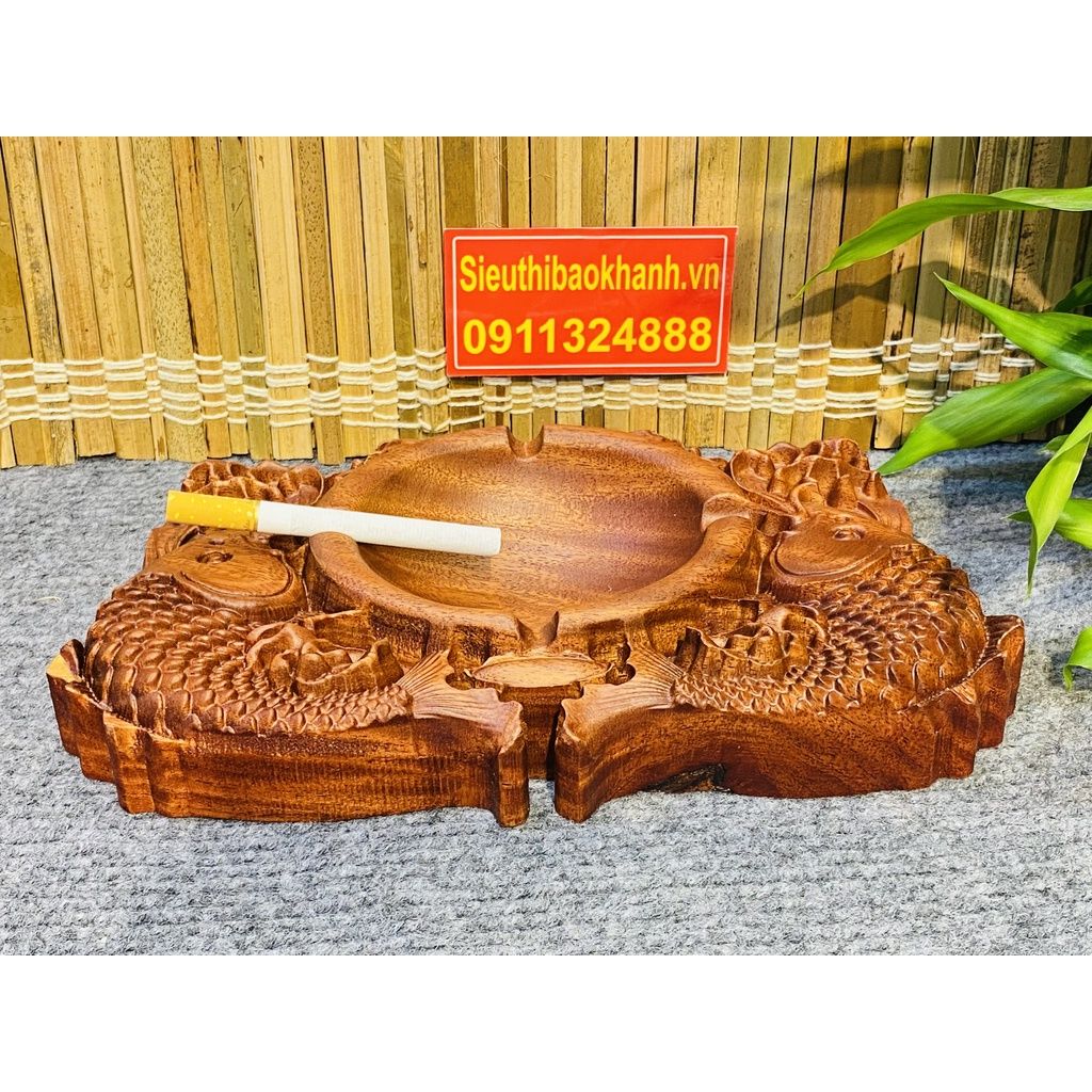  [THỦ CÔNG MỸ NGHỆ TẠI XƯỞNG]-Gạt tàn gỗ hương trạm trổ Lí Ngư 24cm 