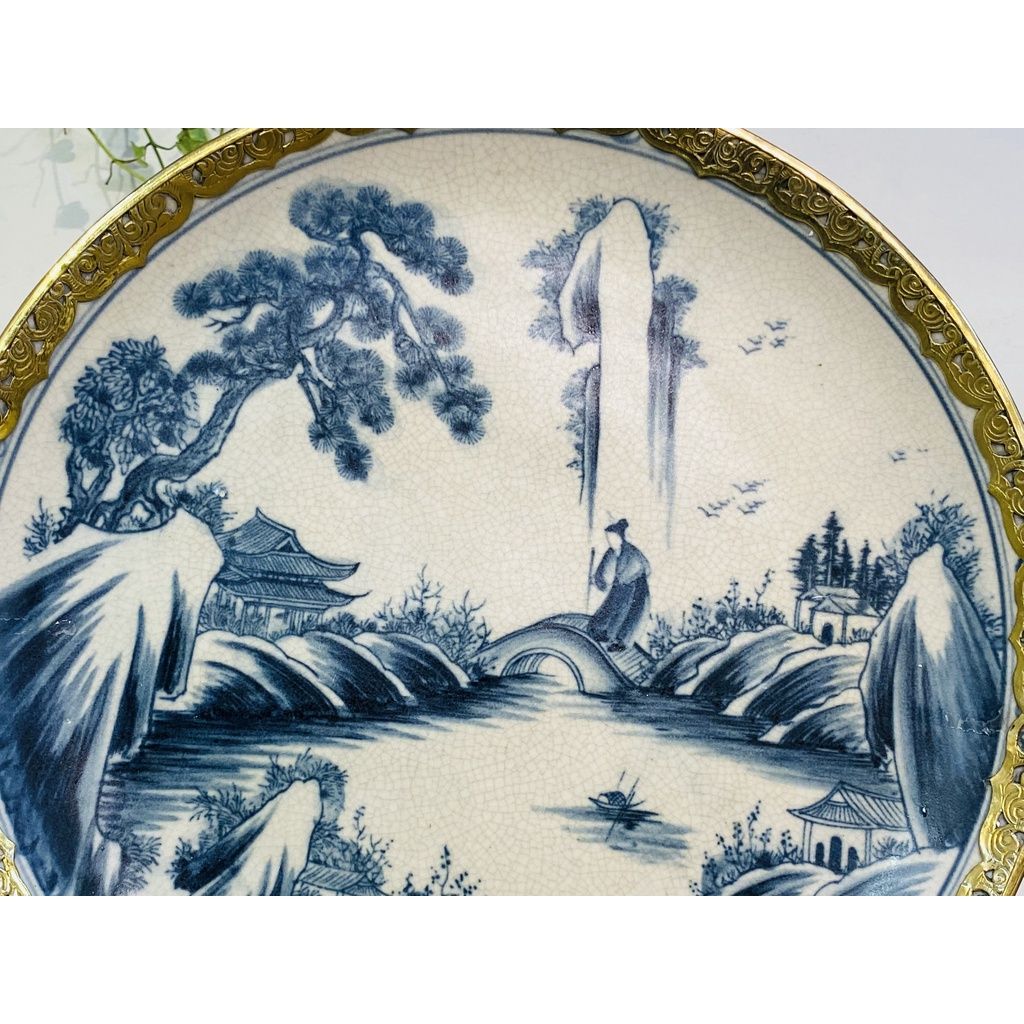 Đĩa Cảnh Men Rạn Bát Tràng Bọc Đồng - Đĩa Trang Trí 35cm-Bảo Khánh