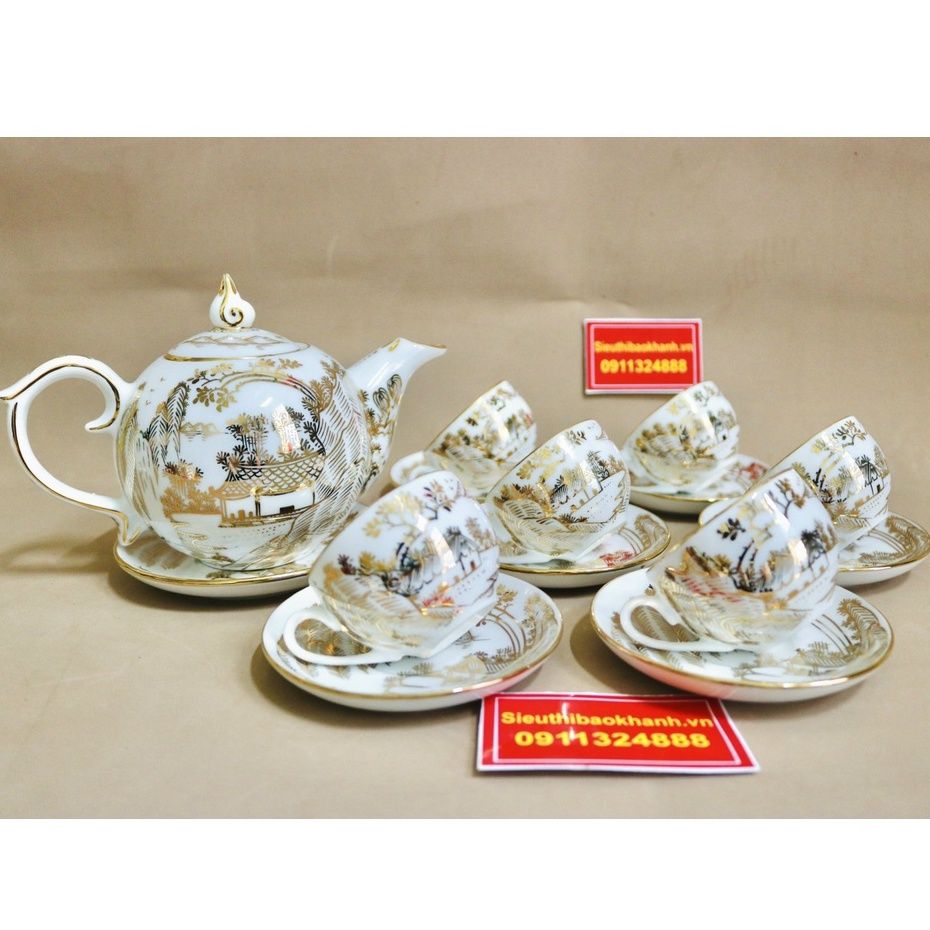 Bộ ấm trà Bát Tràng cảnh đồng quê cao cấp vẽ vàng BKCE-006500VN-0015