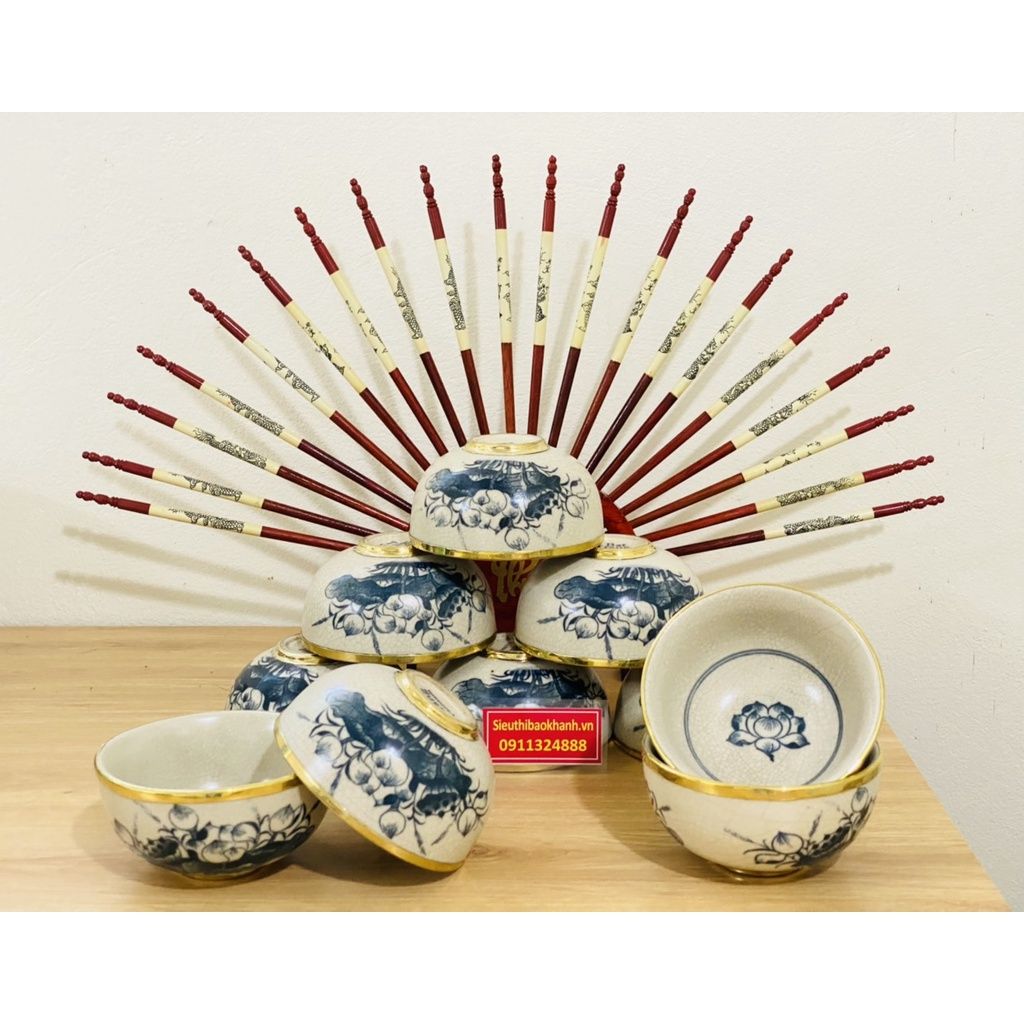 Bộ bát đũa gốm sứ Bát Tràng họa tiết họa sen -Phong thủy Bảo Khánh
