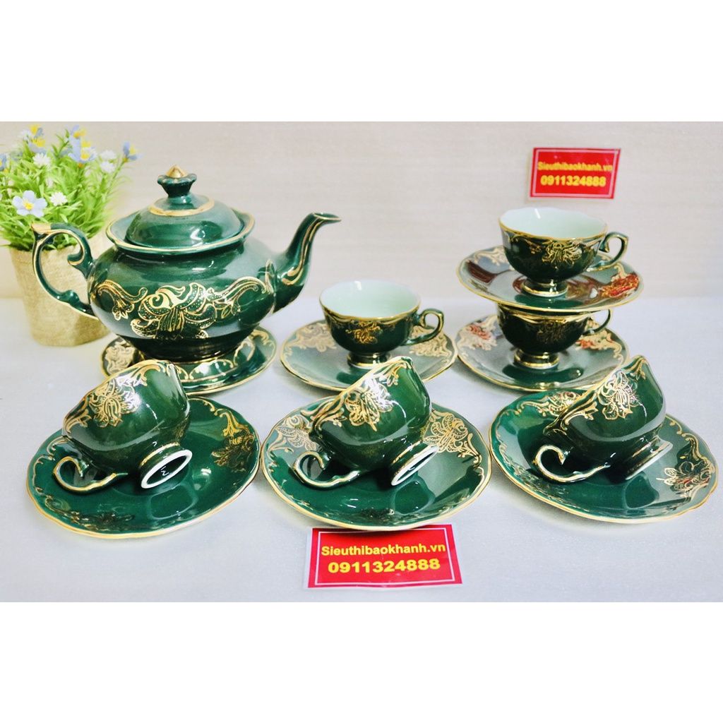 Bộ ấm men xanh vẽ vàng quà tặng xuất xứ Bát Tràng