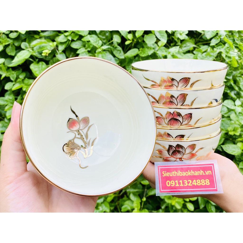Nghệ thuật gốm sứ bộ bát ăn men kem sen hồng -Bảo Khánh