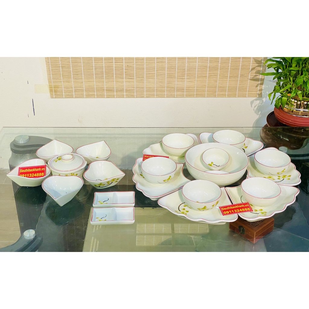 Bộ bát đĩa ăn men kem vẽ sen Bát Tràng