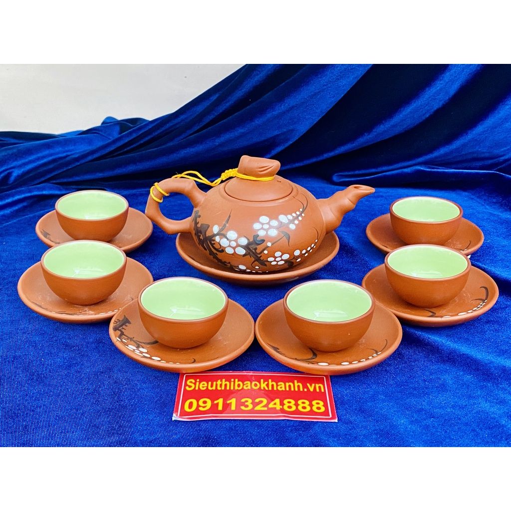 Bộ ấm trà Tử sa lòng xanh Bát Tràng họa tiết Hoa Mai 350ml