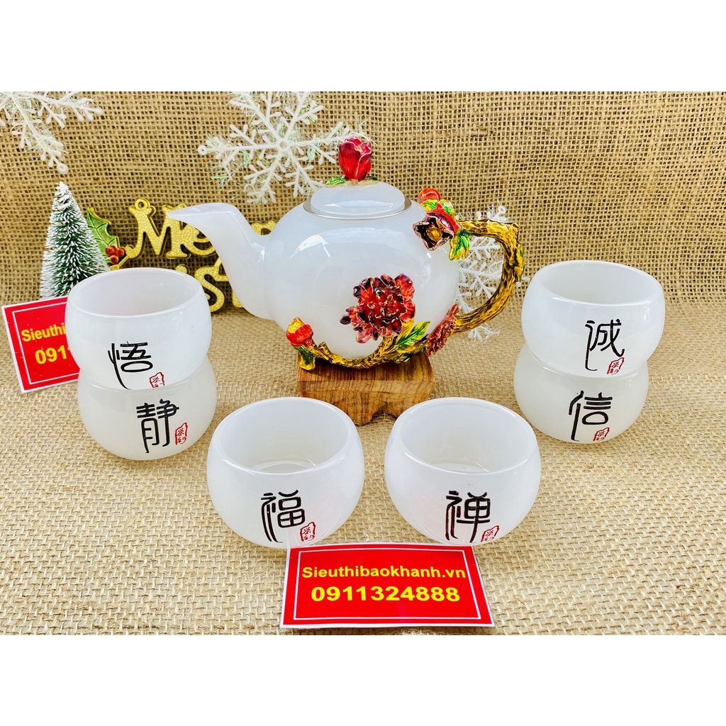 Bộ ấm trà đá ngọc nguyên khối Pakistan cao cấp-mỹ nghệ bảo khánh 350ml