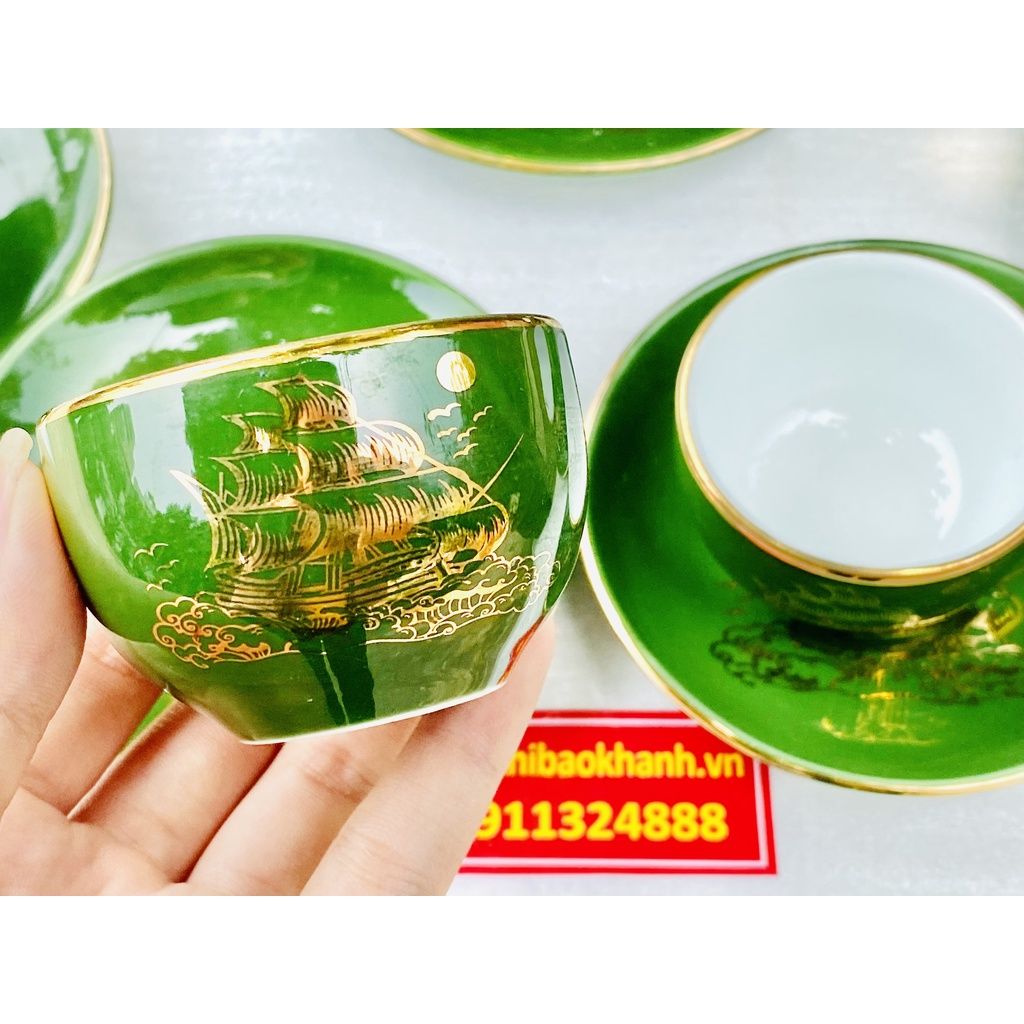 Bộ ấm chén màu xanh men ngọc họa tiết thuận buồm xuôi gió vẽ vàng BKCEVN-8030