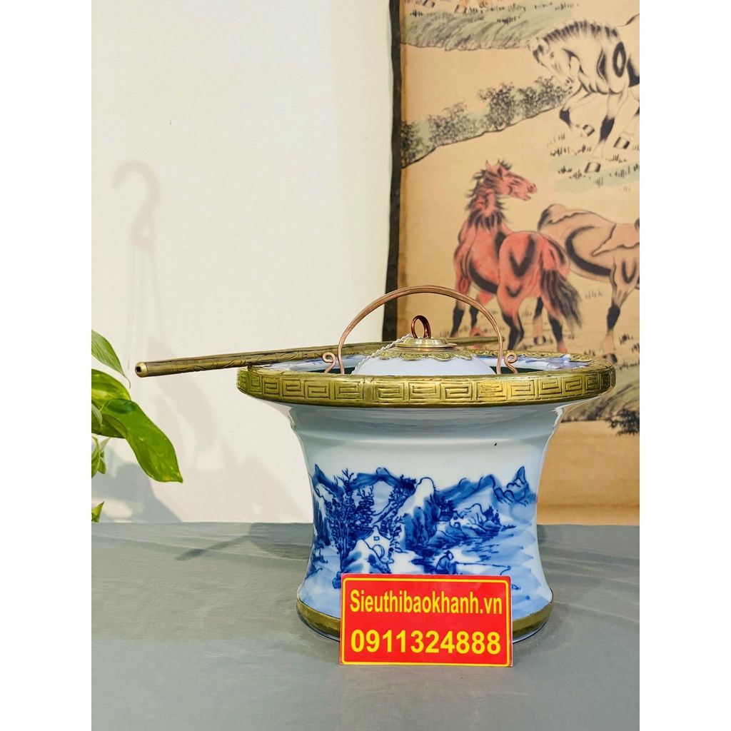 Điếu bát men lam dáng cao bọc đồng xuất xứ Bát Tràng