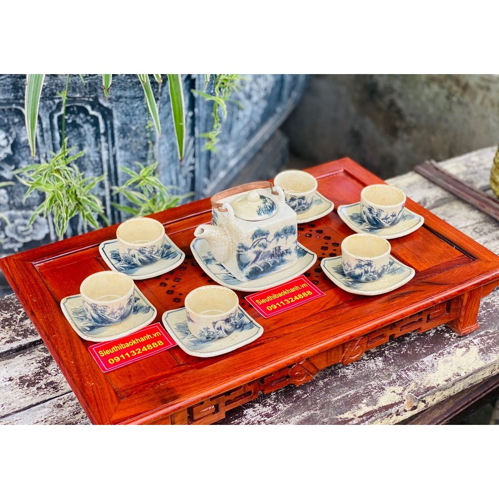 Bộ ấm chén men rạn cổ Bát Tràng, dáng vuông BKCE-000810VN-0003