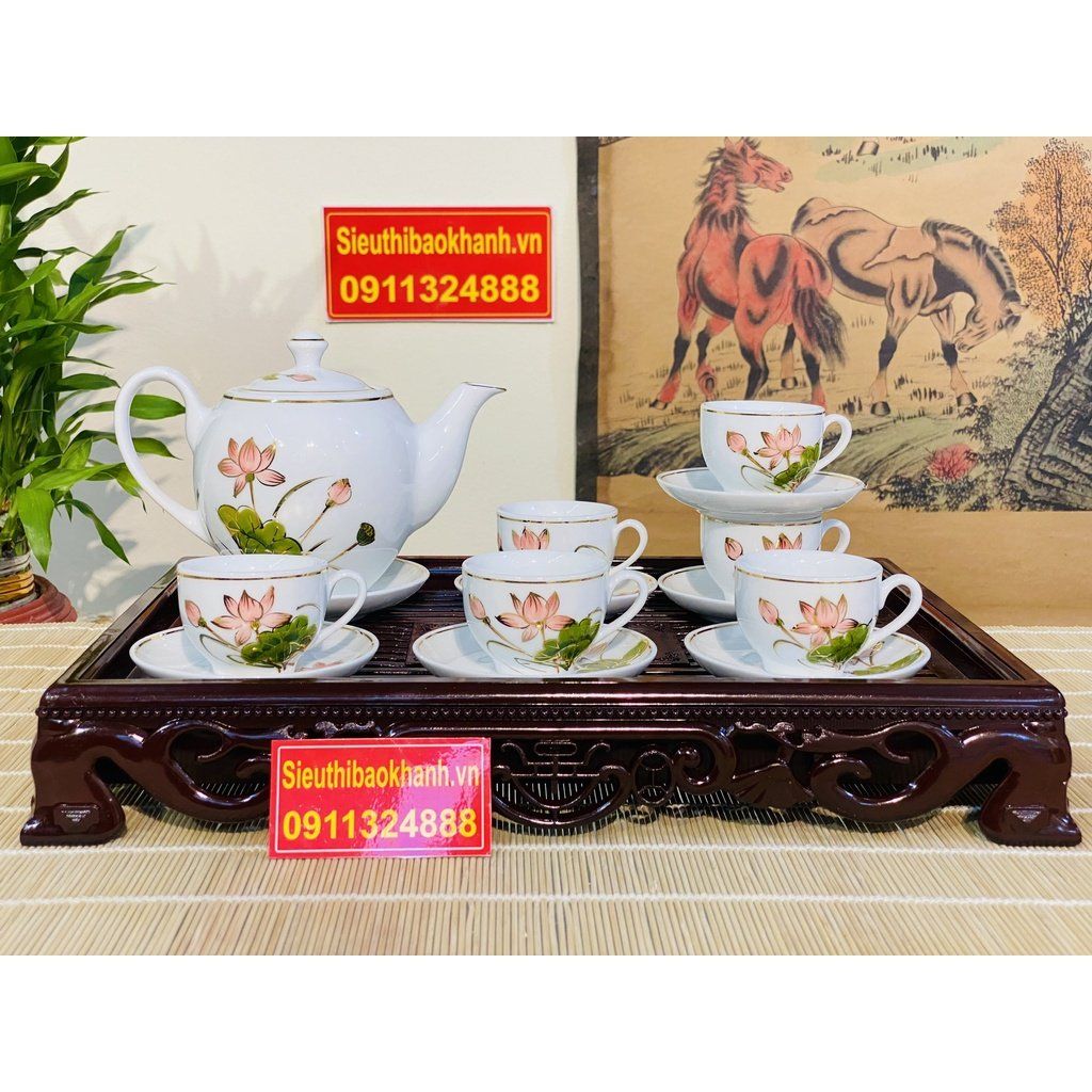 Bộ ấm chén men trắng vẽ sen xuất xưa Bát Tràng