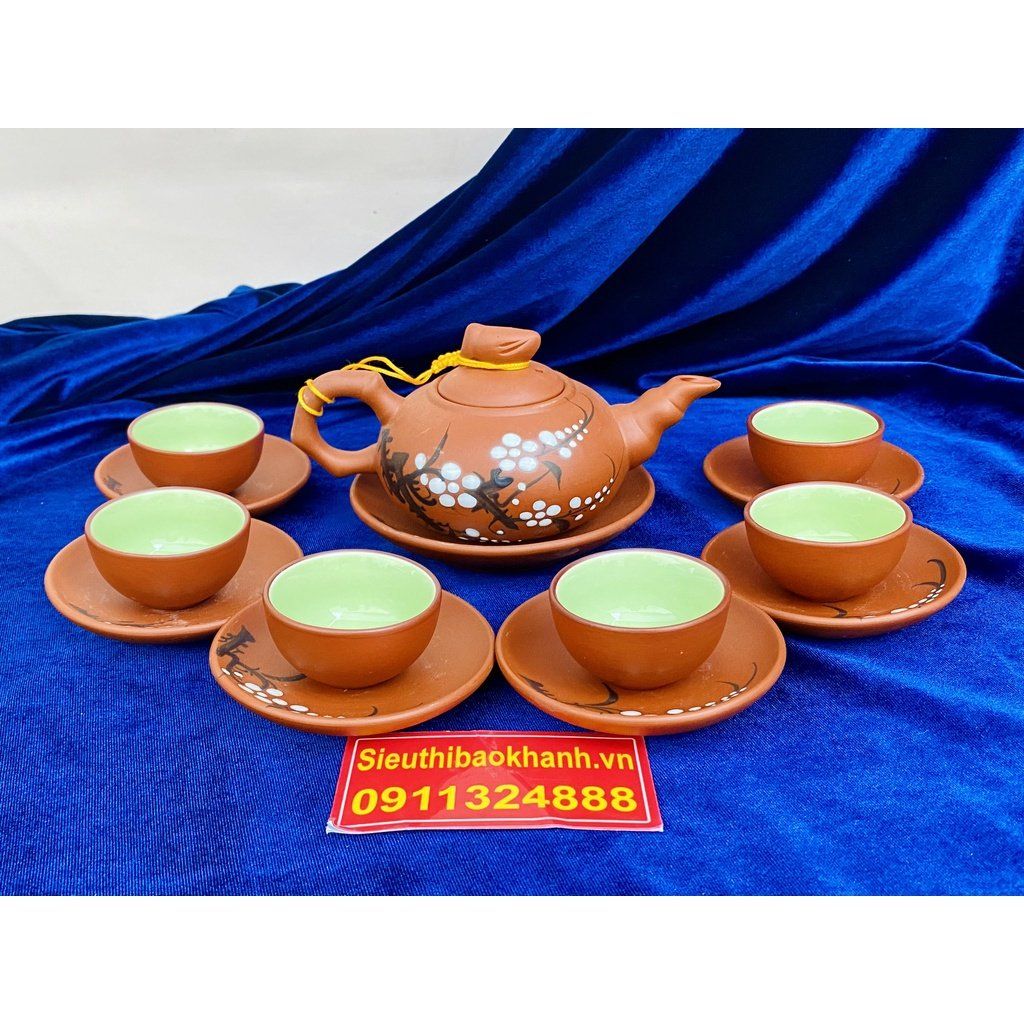 Bộ ấm trà Tử sa lòng xanh Bát Tràng họa tiết Hoa Mai 350ml