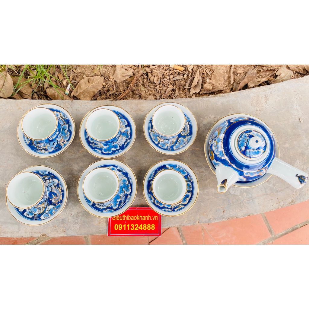 Bộ ấm chén Bát Tràng men lam, hoạ tiết Long Ẩn Nội Cung BKCE-002430VN-0002