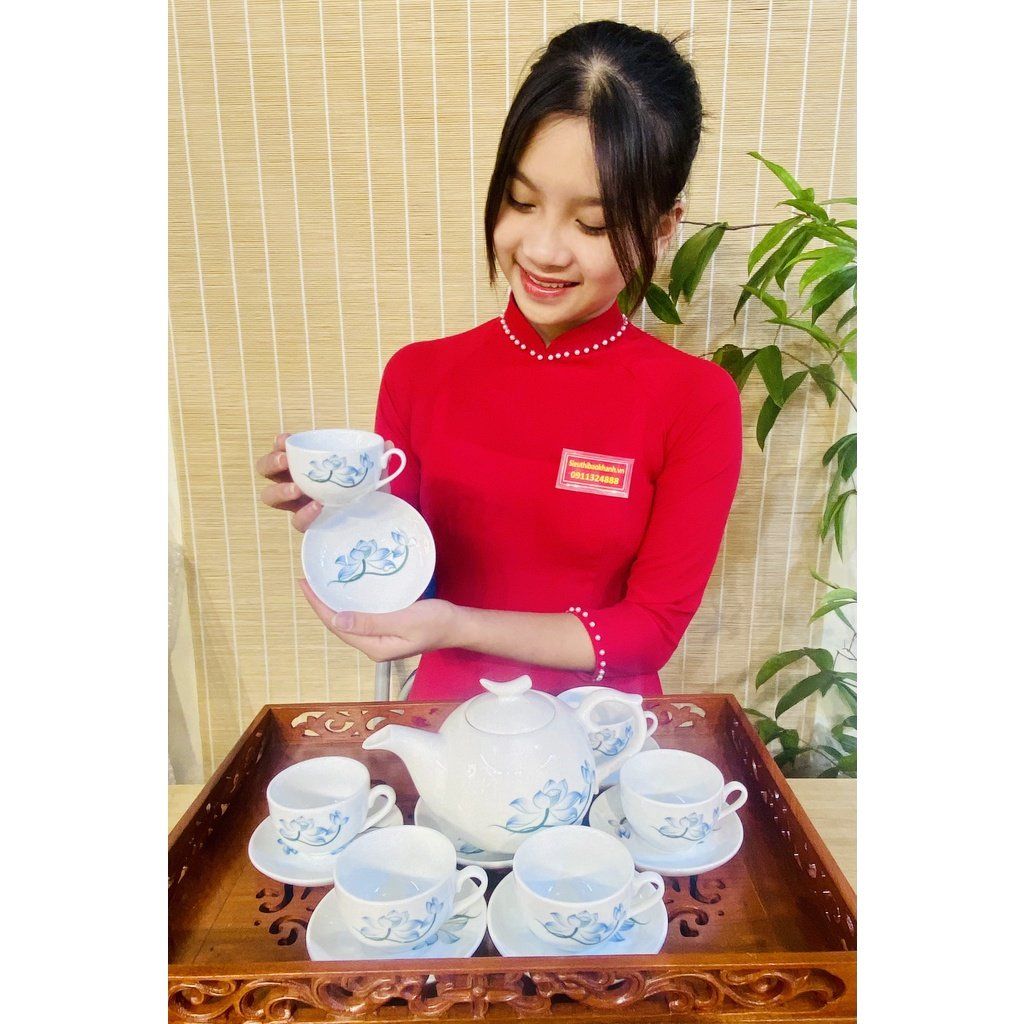 Bộ ấm chén men ngọc họa tiết hoa sen
