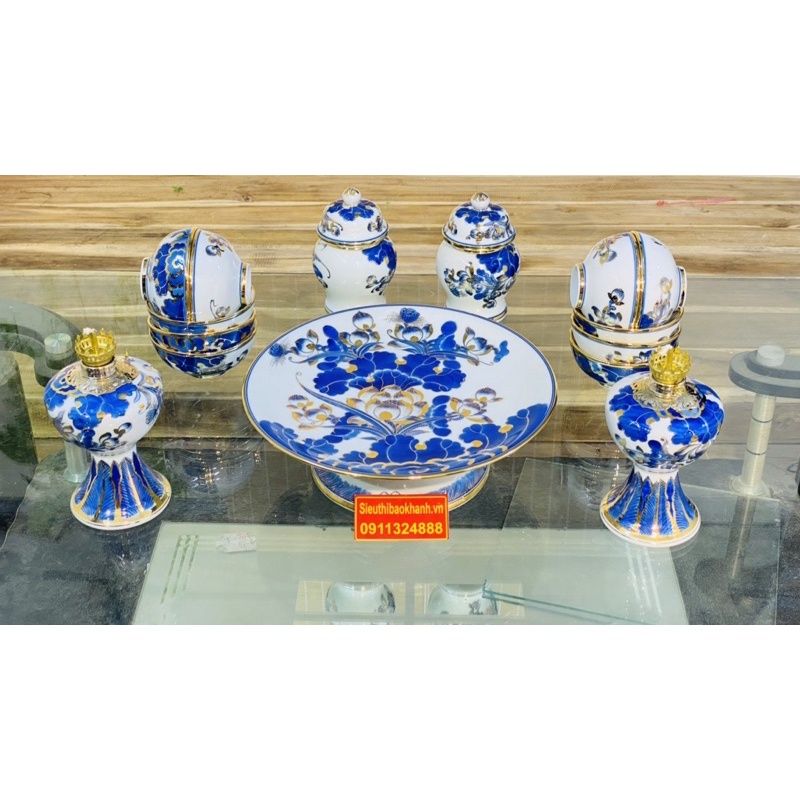 Set đồ thờ Bát Tràng men lam vẽ vàng