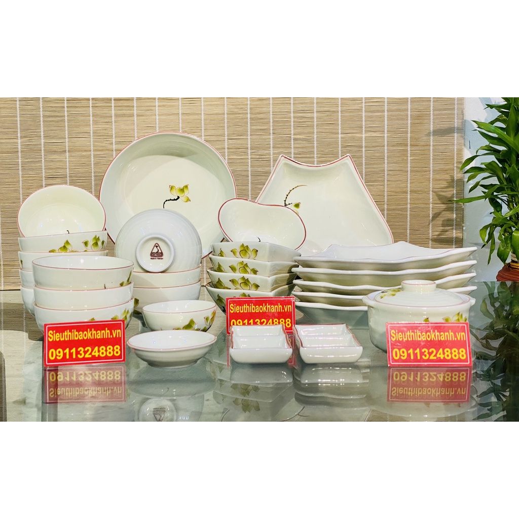 Bộ bát đĩa ăn men kem vẽ sen Bát Tràng