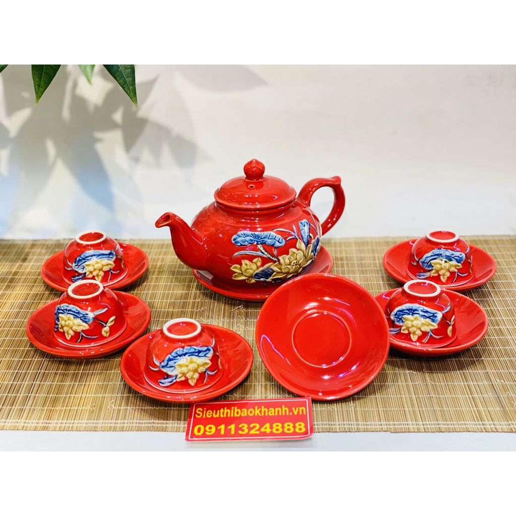 Bộ Ấm Chén Bát Tràng men đỏ cao cấp 350ml