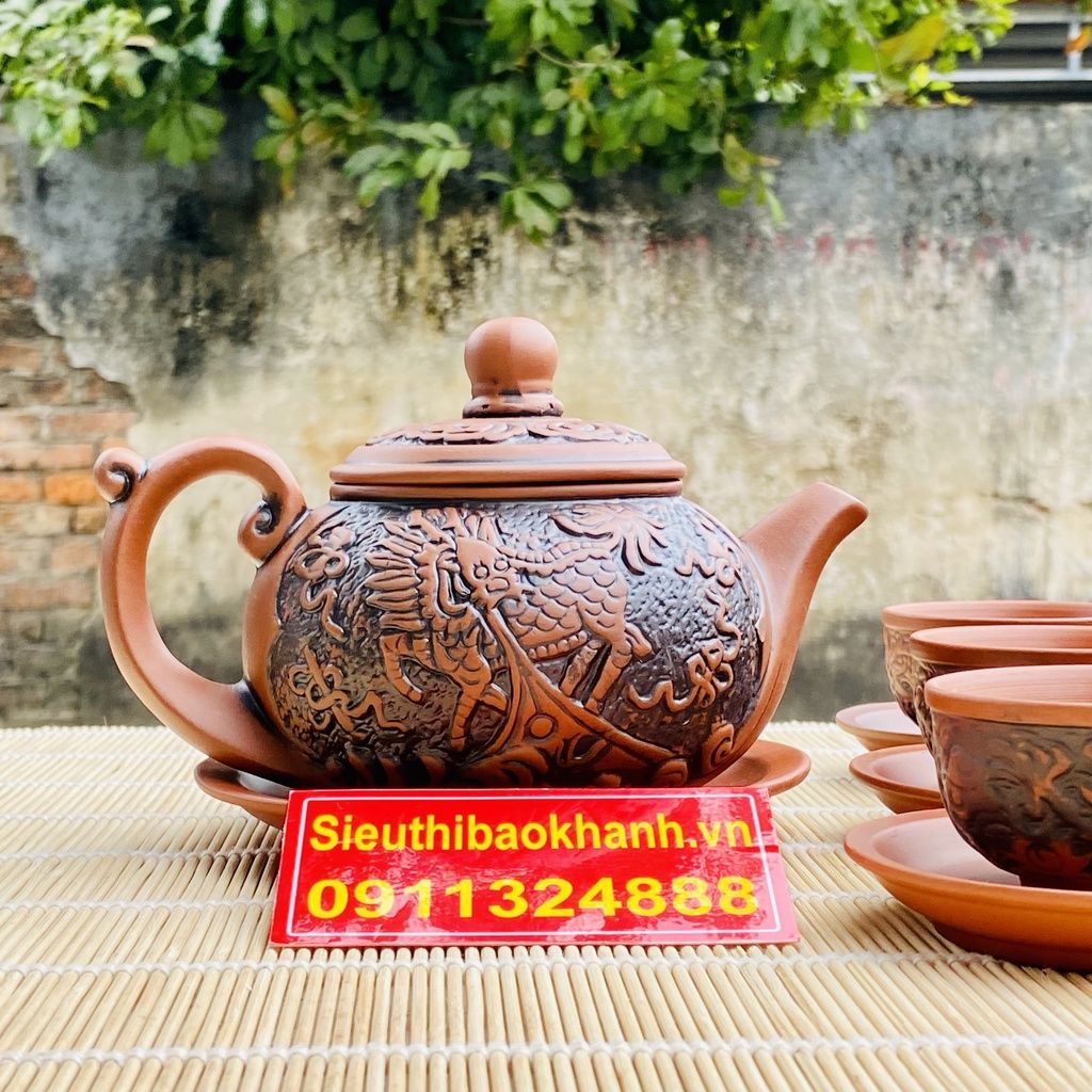 Ấm trà⚡️BÁT TRÀNG⚡️Bộ ấm chén tử sa đắp nổi 350ml-Bát Tràng Bảo Khánh