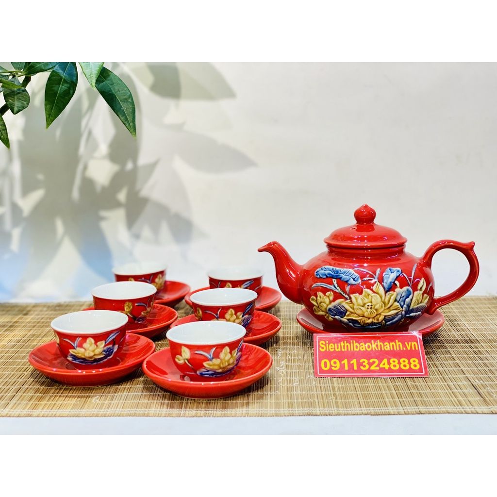 Bộ Ấm Chén Bát Tràng men đỏ cao cấp 350ml